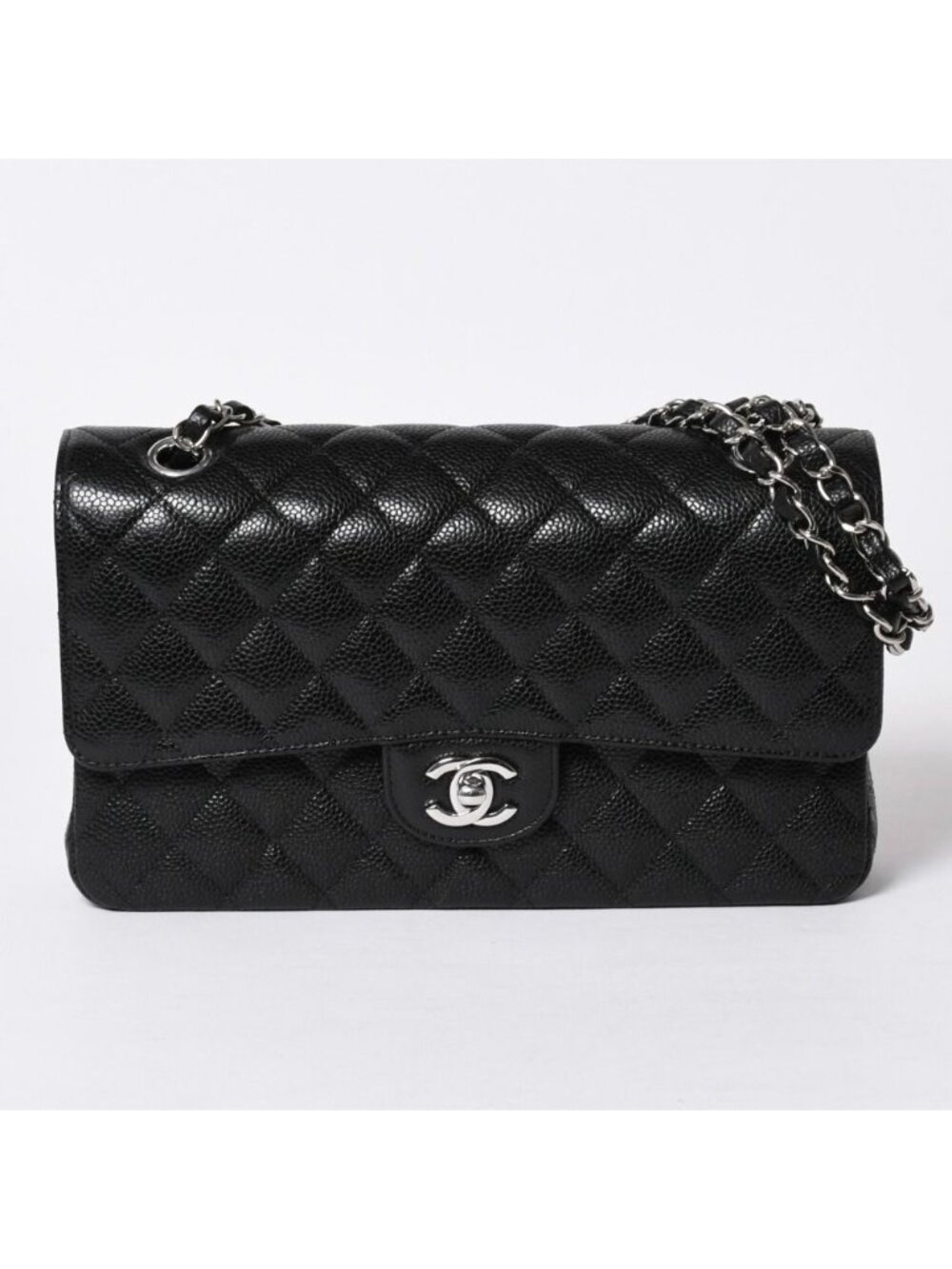 Chanel Quilted 25 Double Flap Chain Shoulder Bag Caviar Leather Gold Stand Black